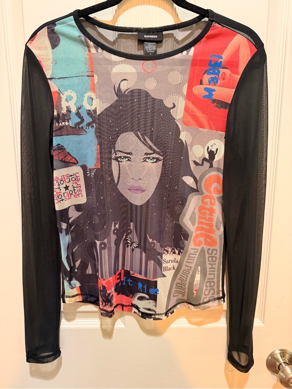 Express Black Mesh Long-Sleeve Graphic Front Top